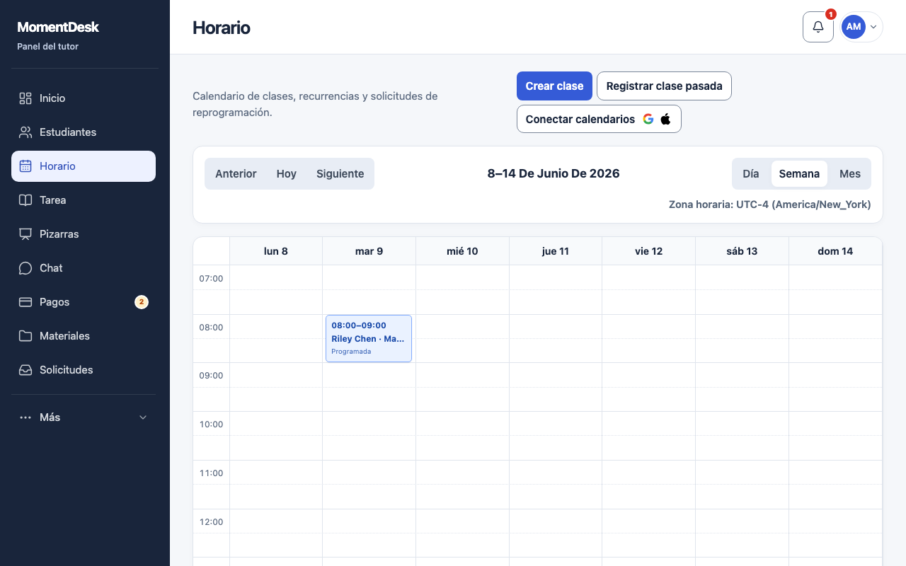 Horario semanal de MomentDesk con las clases en el calendario y la zona horaria indicada.