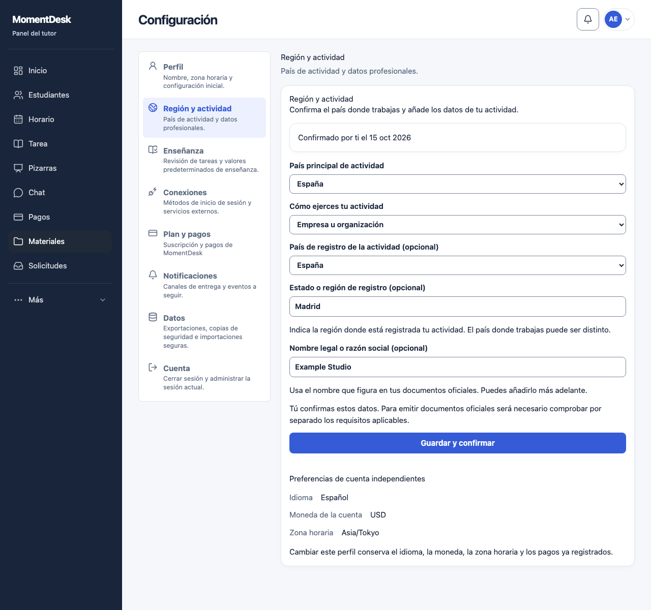 Confirmar el país de actividad y los datos profesionales: Interfaz de MomentDesk con nombres y registros ficticios.