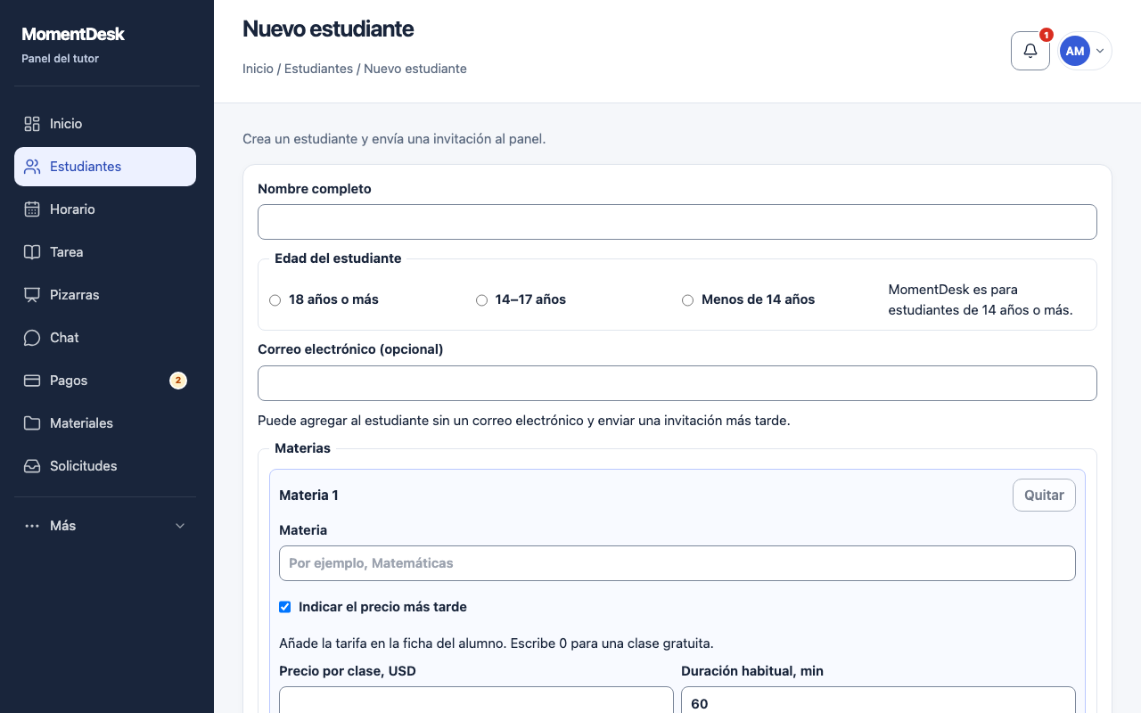 Formulario de nuevo alumno en la interfaz de MomentDesk: nombre, grupo de edad, email opcional, asignatura, precio en USD y duración de la clase.