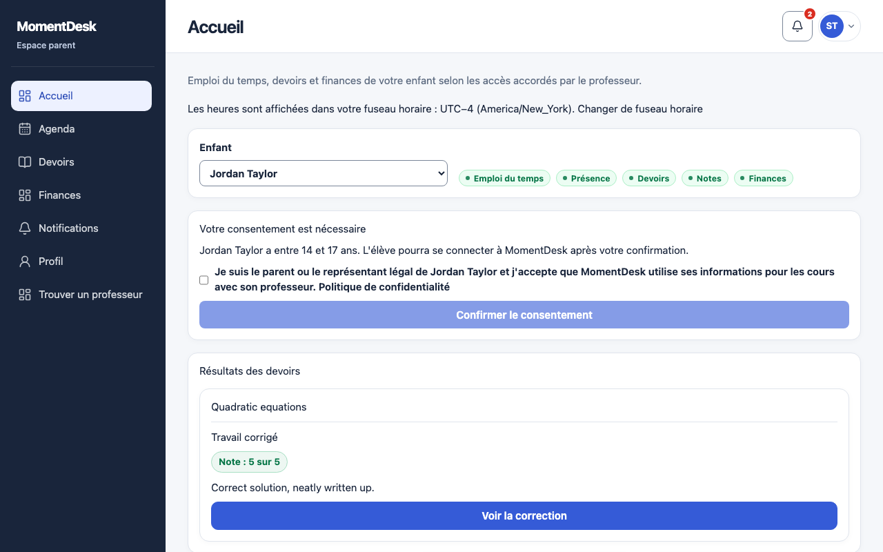 Confirmer ou retirer le consentement de 14 à 17 ans: Interface de MomentDesk avec des noms et données fictifs.