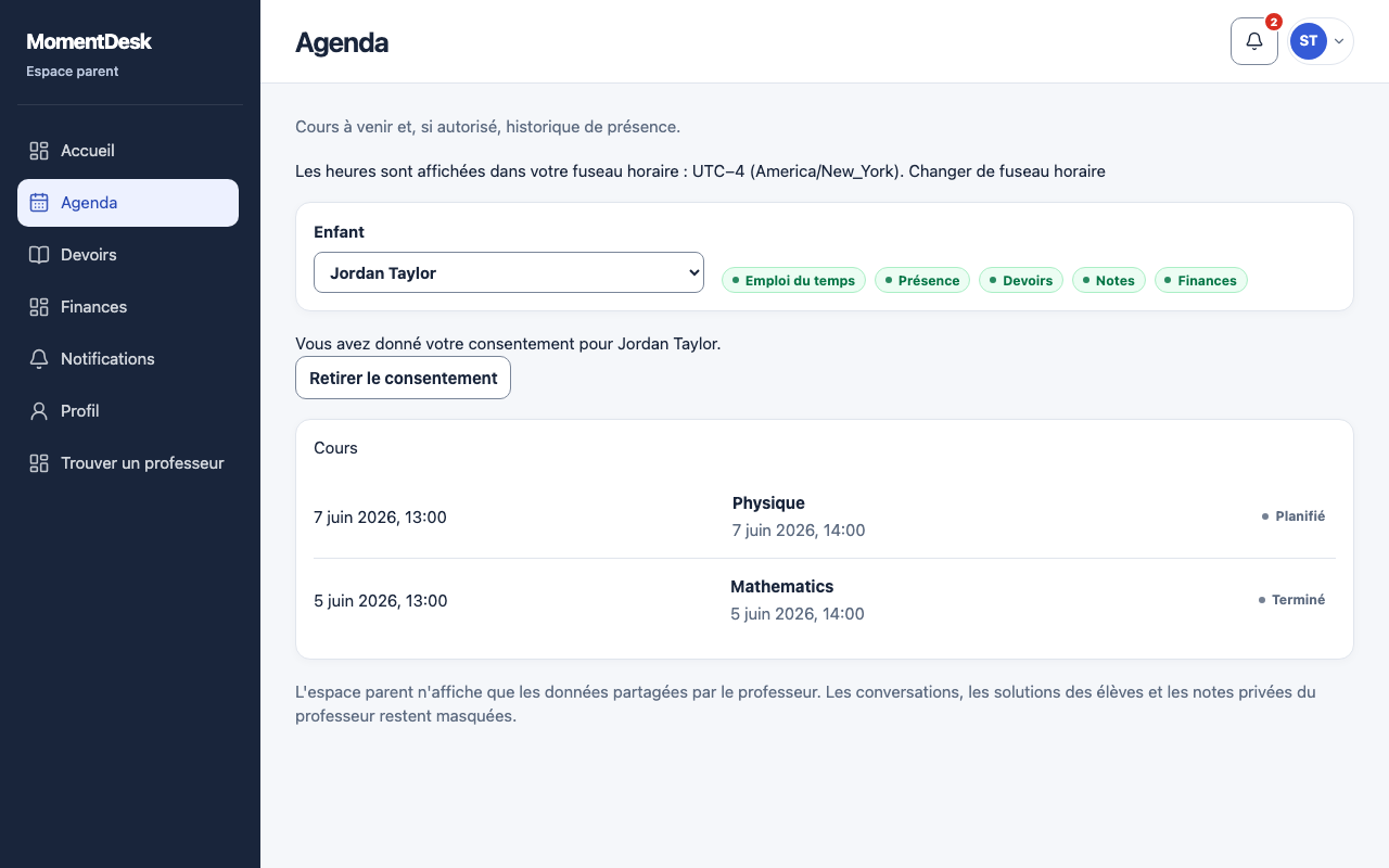 Consulter calendrier et présence: Interface de MomentDesk avec des noms et données fictifs.