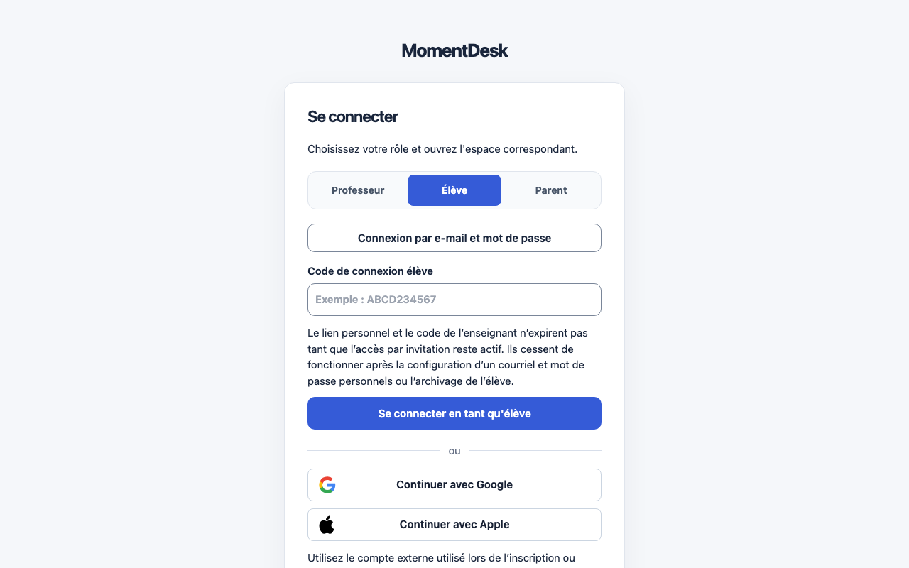 Se connecter pour la première fois: Interface de MomentDesk avec des noms et données fictifs.