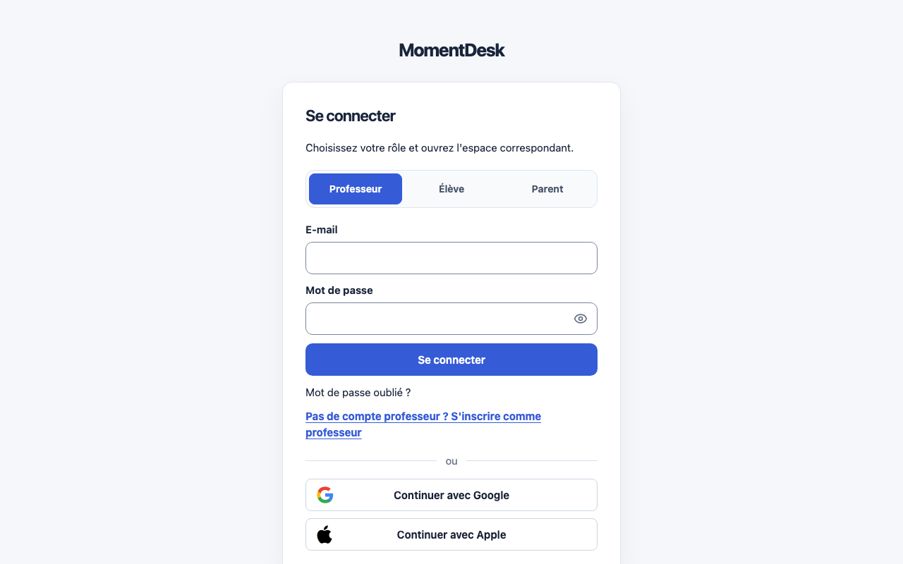 Se connecter et retrouver l’accès à son compte: Interface de MomentDesk avec des noms et données fictifs.