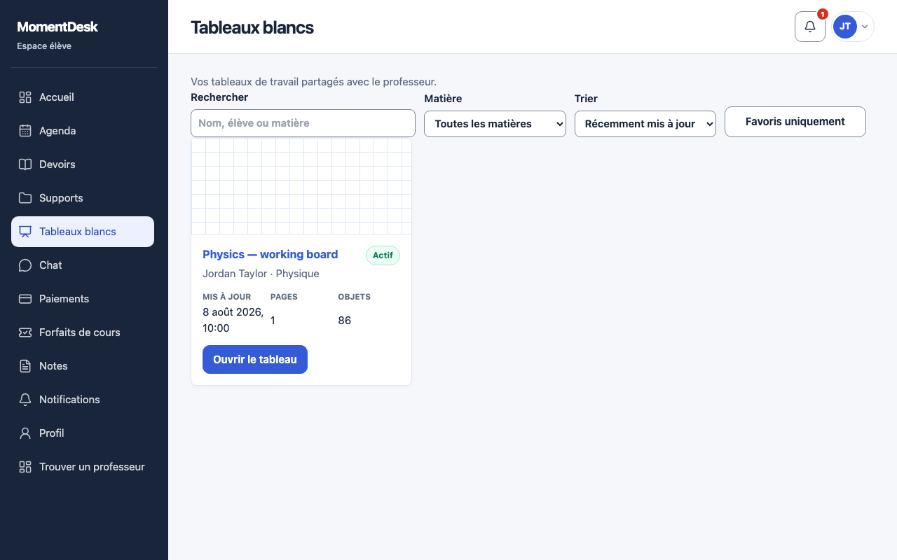 Travailler sur un tableau partagé: Interface de MomentDesk avec des noms et données fictifs.