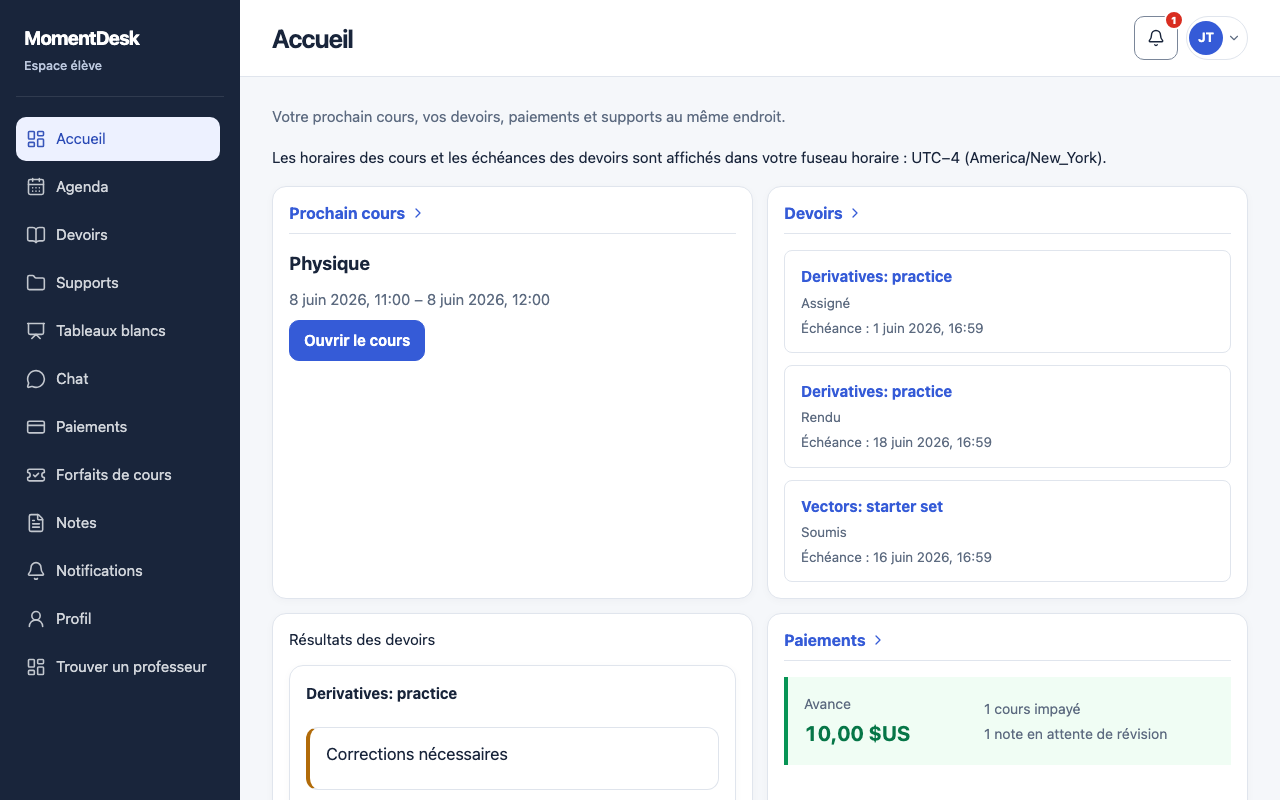 Utiliser votre page d’accueil: Interface de MomentDesk avec des noms et données fictifs.