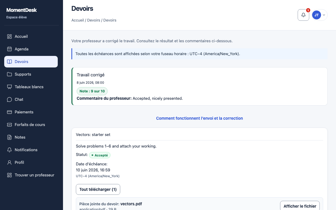 Devoir corrigé dans l’interface de MomentDesk : bloc du résultat, note et commentaire du professeur.