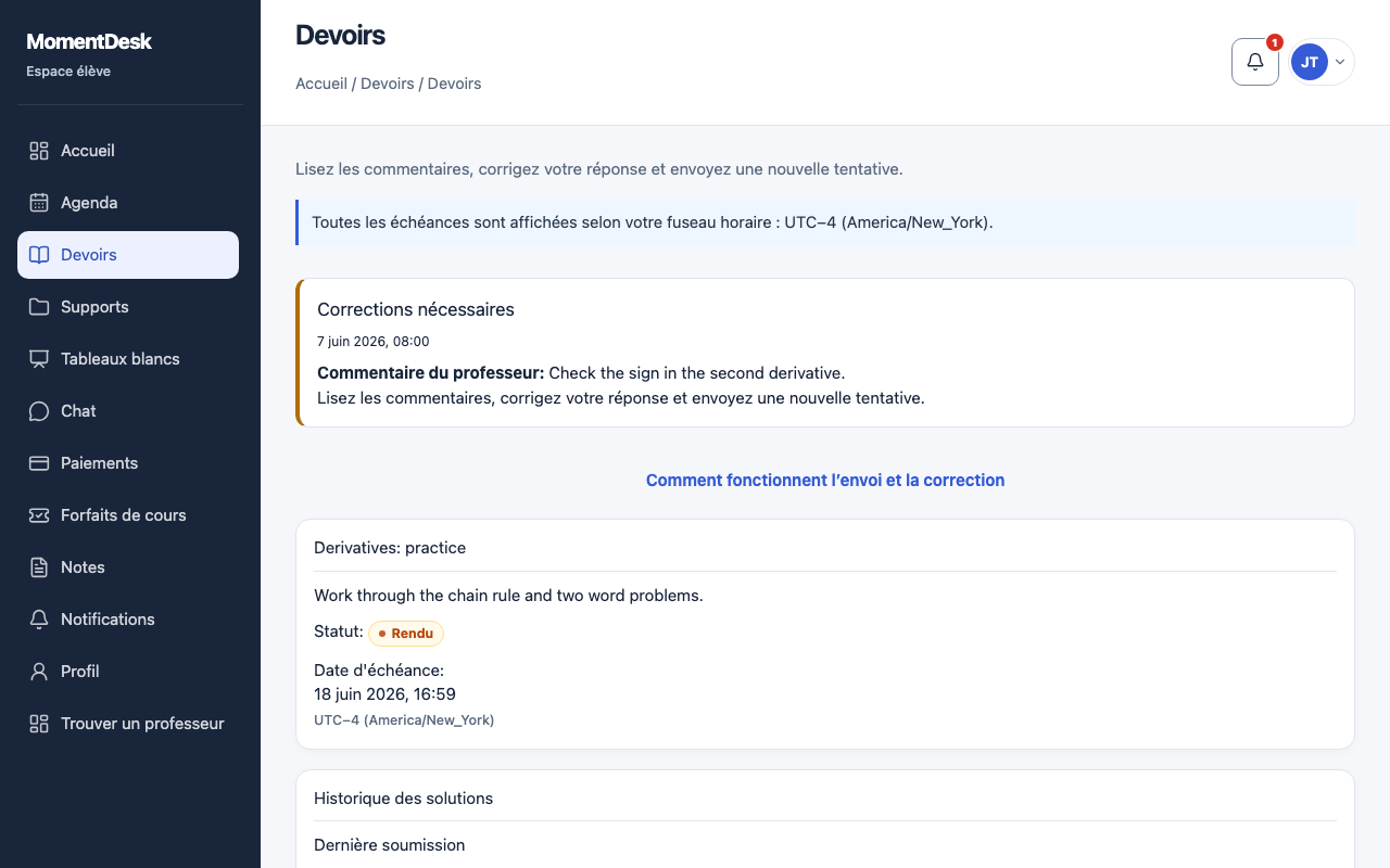 Devoir MomentDesk renvoyé pour correction dans l’interface : commentaire du professeur et formulaire d’une nouvelle tentative.