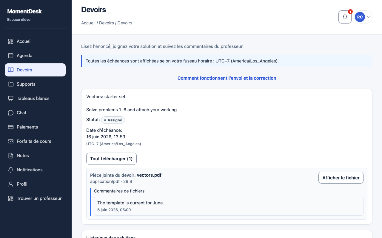 Devoir MomentDesk avant la première remise dans l’interface : consignes, échéance et formulaire de réponse avec fichiers.