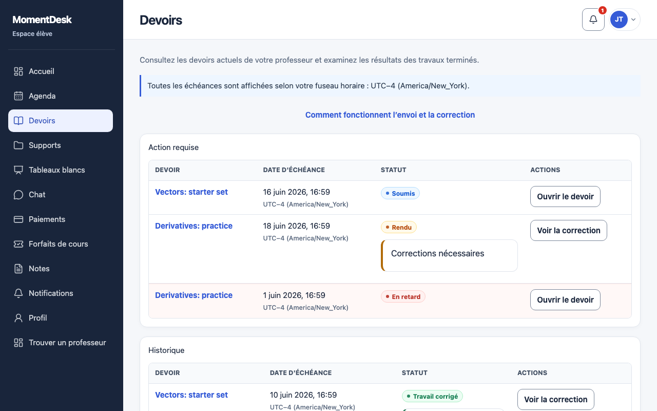 Trouver vos devoirs: Interface de MomentDesk avec des noms et données fictifs.