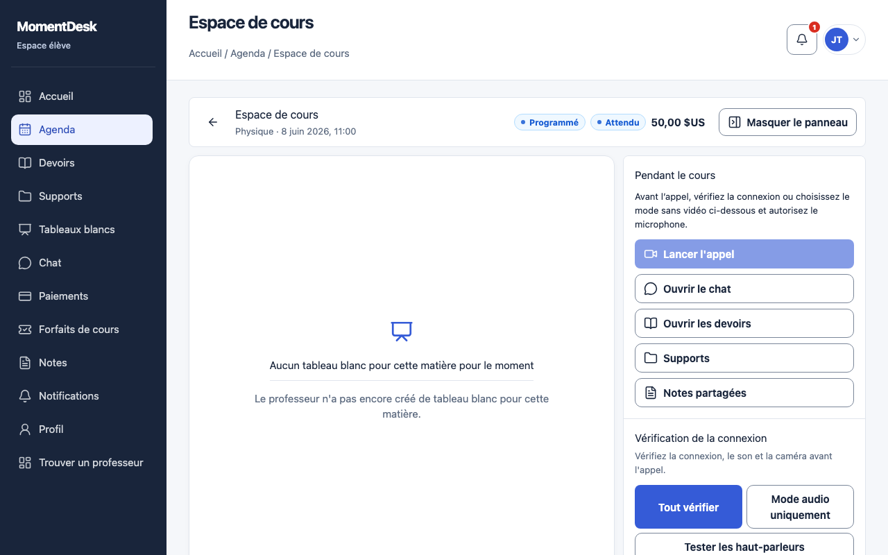 Ouvrir l’espace du cours: Interface de MomentDesk avec des noms et données fictifs.