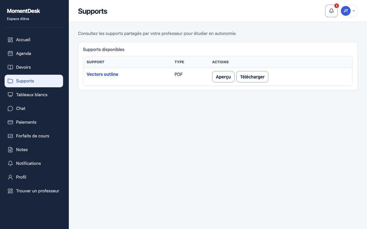 Ouvrir et télécharger les documents: Interface de MomentDesk avec des noms et données fictifs.