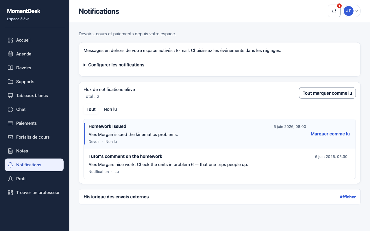Lire et régler les notifications: Interface de MomentDesk avec des noms et données fictifs.