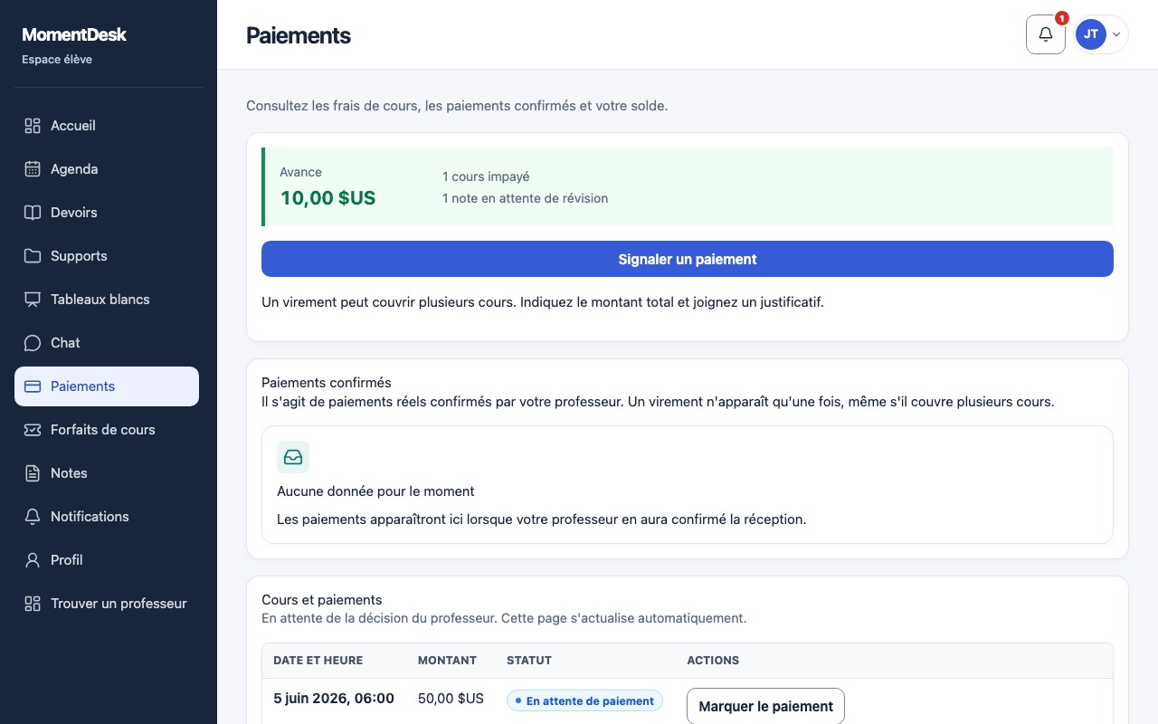 Signaler un paiement effectué: Interface de MomentDesk avec des noms et données fictifs.