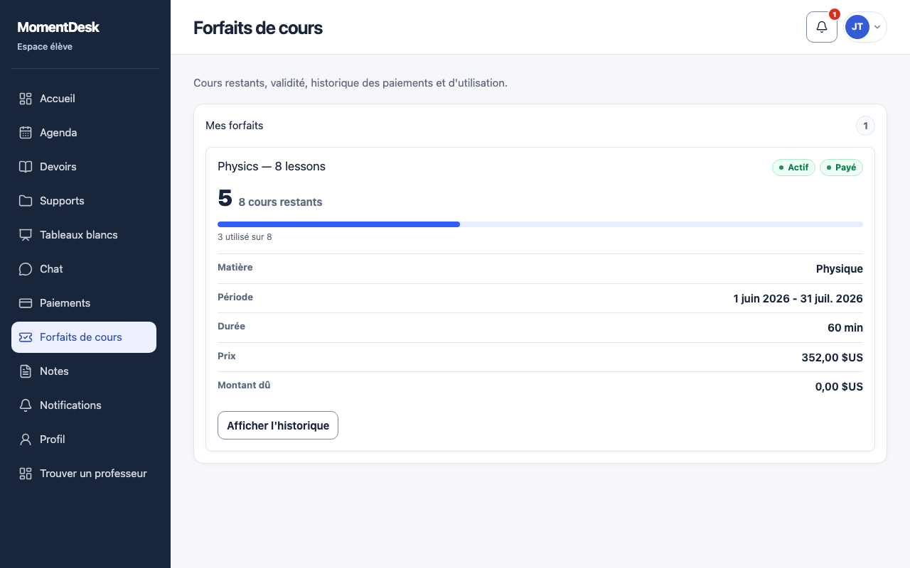 Vérifier votre forfait de cours: Interface de MomentDesk avec des noms et données fictifs.