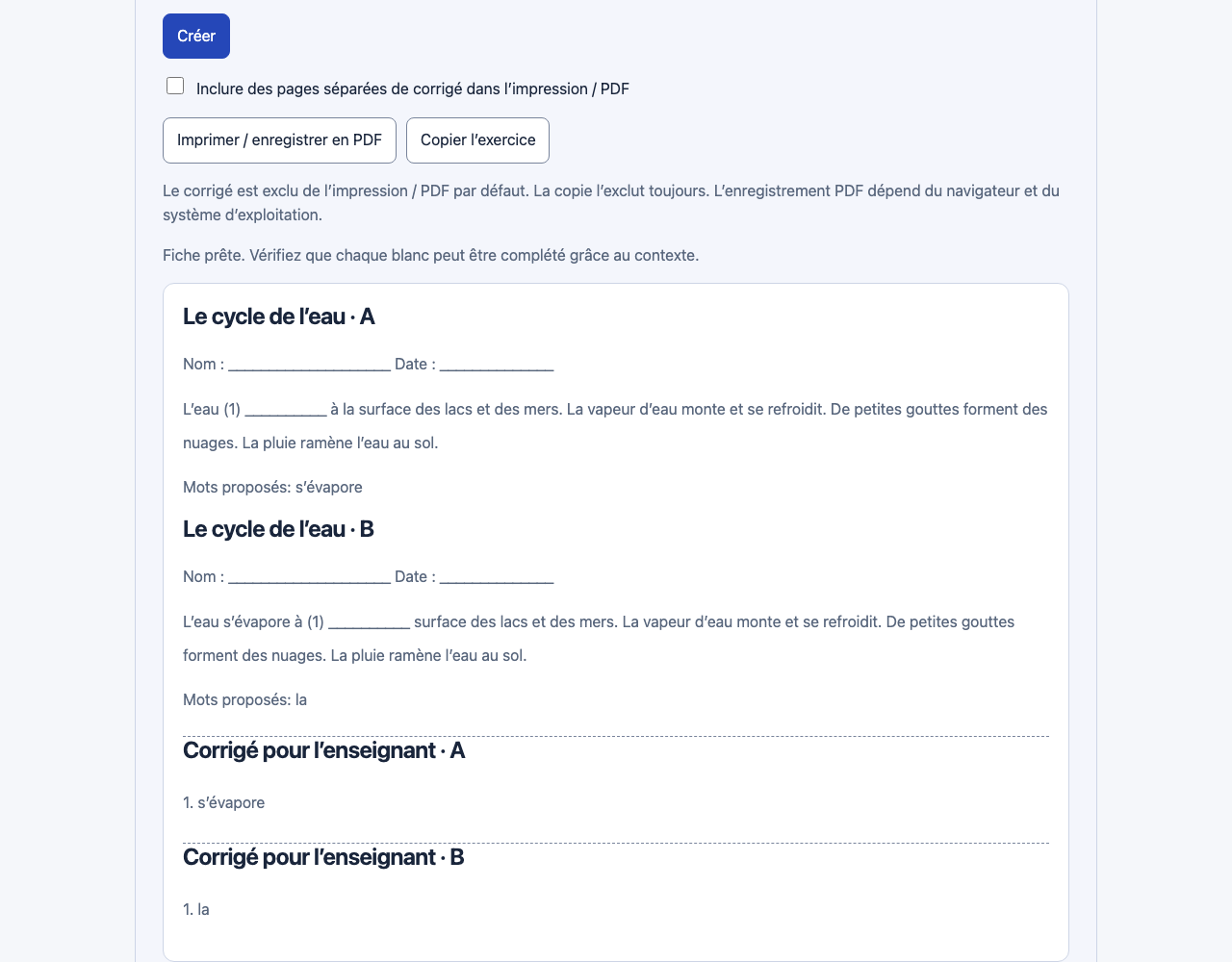 Créateur gratuit de textes à trous — Comment utiliser cet outil: Interface de MomentDesk avec des noms et données fictifs.