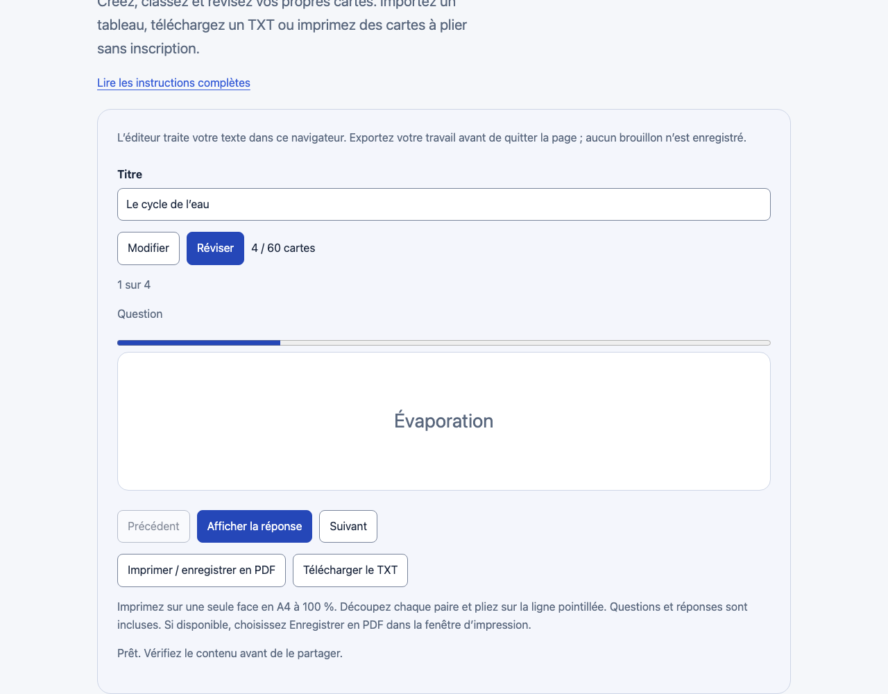 Créateur gratuit de cartes de révision — Comment utiliser cet outil: Interface de MomentDesk avec des noms et données fictifs.
