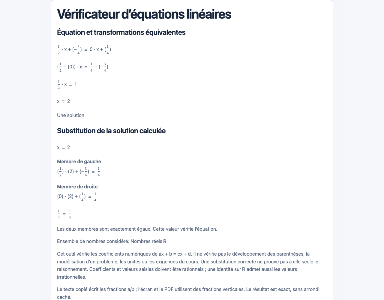 Comment vérifier une équation linéaire: Interface de MomentDesk avec des noms et données fictifs.
