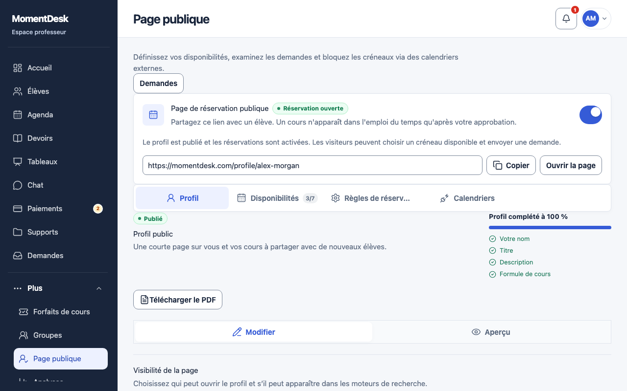 Compléter et publier votre profil: Interface de MomentDesk avec des noms et données fictifs.