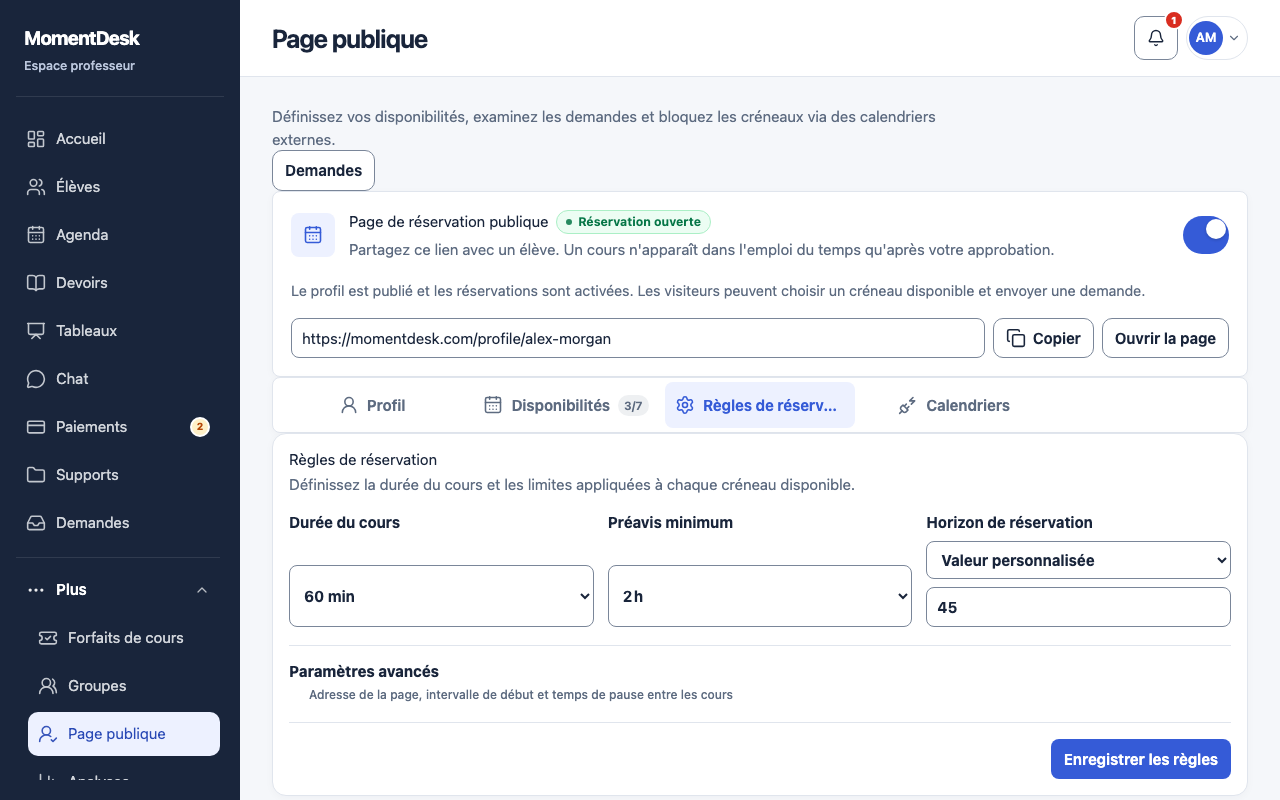 Définir les règles: Interface de MomentDesk avec des noms et données fictifs.