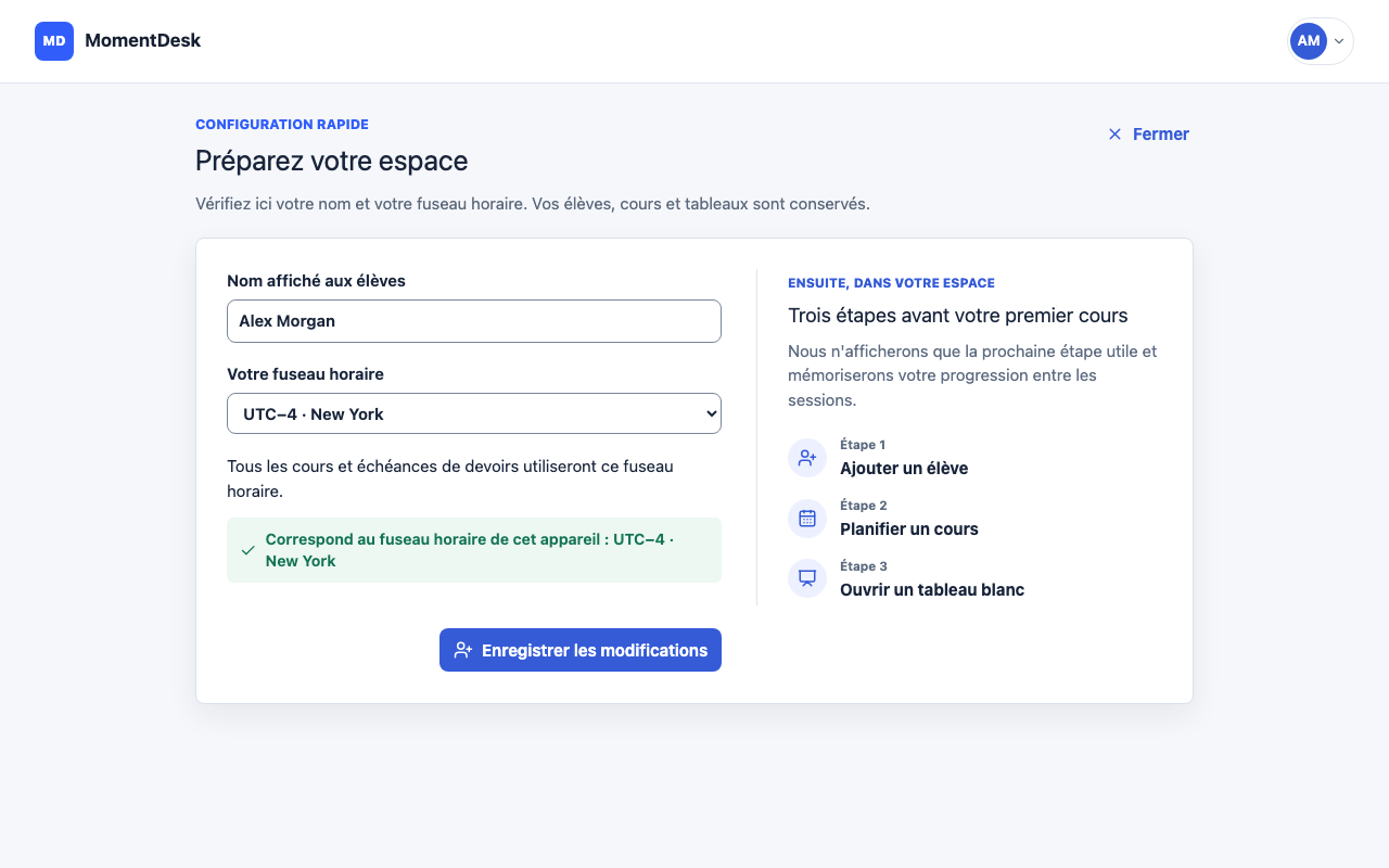 Configurez votre espace professeur: Interface de MomentDesk avec des noms et données fictifs.