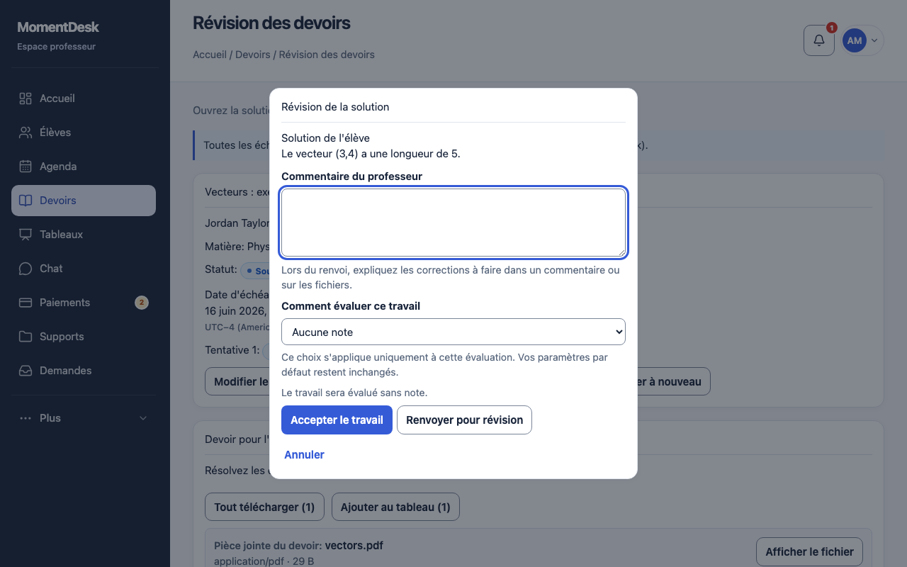 Fenêtre de correction des devoirs de MomentDesk avec la réponse de l’élève, les options de notation, un champ de commentaire et les boutons pour accepter le travail ou demander une correction.