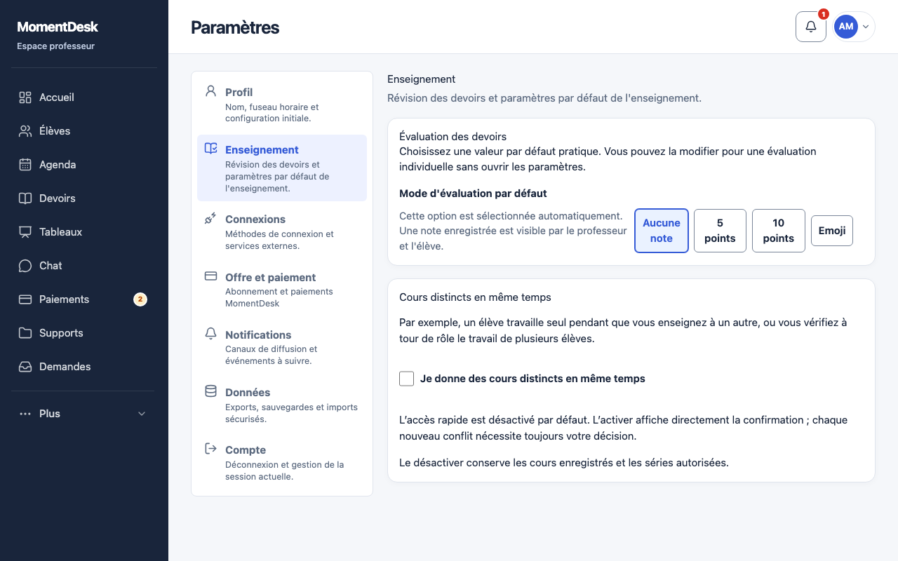 Choisir la notation: Interface de MomentDesk avec des noms et données fictifs.