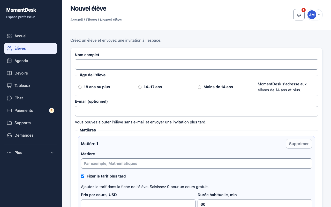 Formulaire de nouvel élève dans l’interface de MomentDesk : nom, tranche d’âge, email facultatif, matière, tarif en USD et durée du cours.