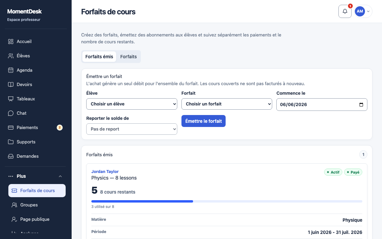 Créer et attribuer un forfait de cours: Interface de MomentDesk avec des noms et données fictifs.