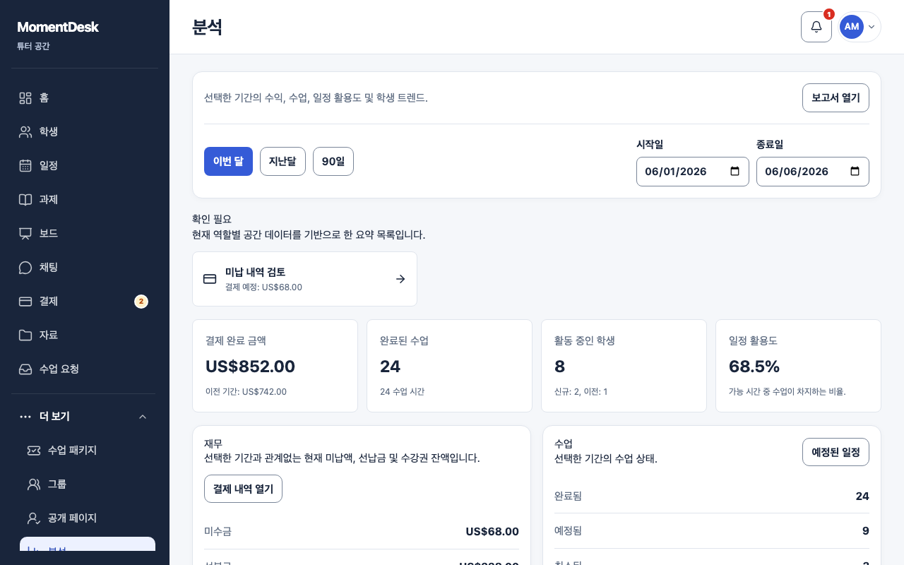 분석 확인하기: 가상의 이름과 기록을 사용한 MomentDesk 화면입니다.