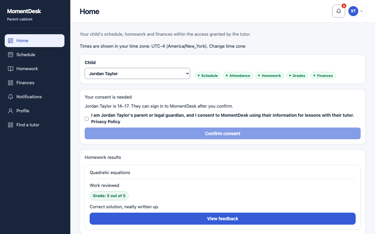 The MomentDesk parent home page with the consent panel: the learner is 14 to 17, the consent statement is shown with a checkbox, and the Confirm consent button is below it.