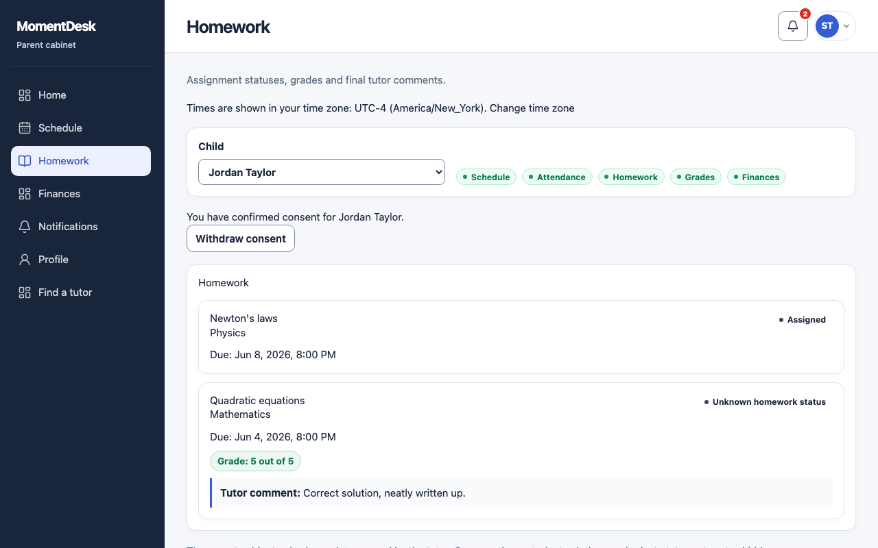 The child's homework in the MomentDesk parent workspace, with assignment statuses, grades and the tutor's comments.