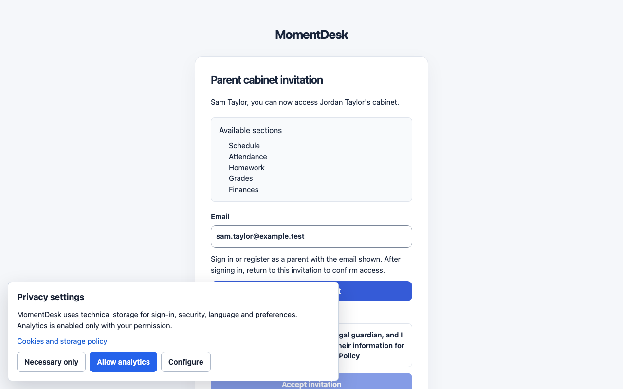 The MomentDesk parent invitation page, listing the sections the tutor opened and the guardian consent checkbox above the button that accepts the invitation.