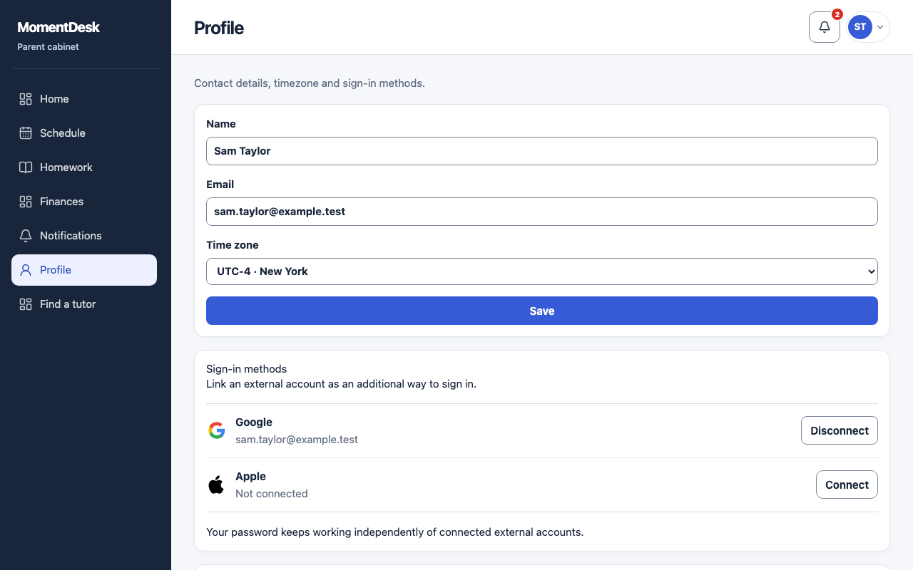 The profile page of the MomentDesk parent workspace, with the name, the time zone and the sign-in methods.