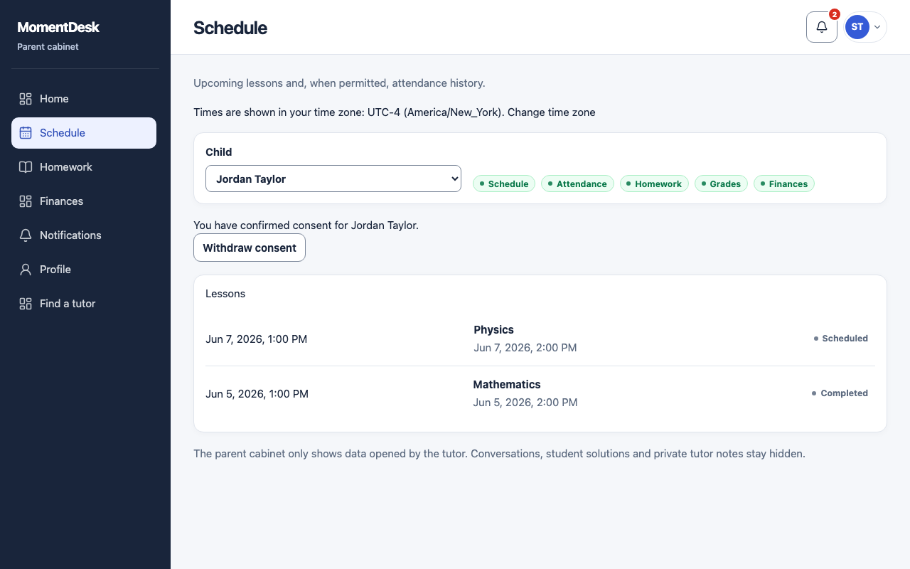 The child's schedule in the MomentDesk parent workspace, with upcoming and completed lessons and their status.