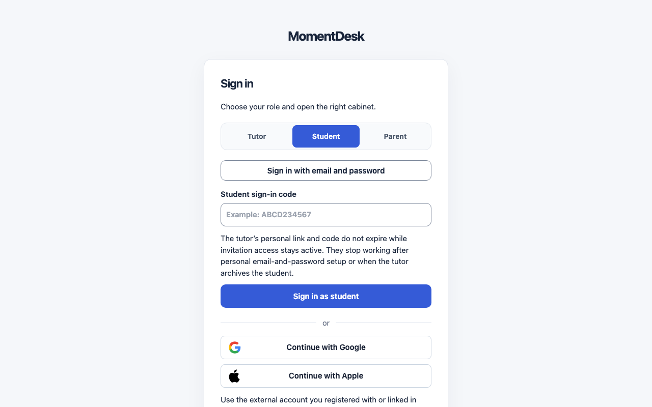The MomentDesk sign-in page on the Student role, showing the field for a student sign-in code.