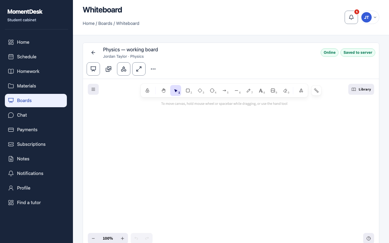 A MomentDesk whiteboard open in the student workspace, with the drawing tools and the saving indicator.