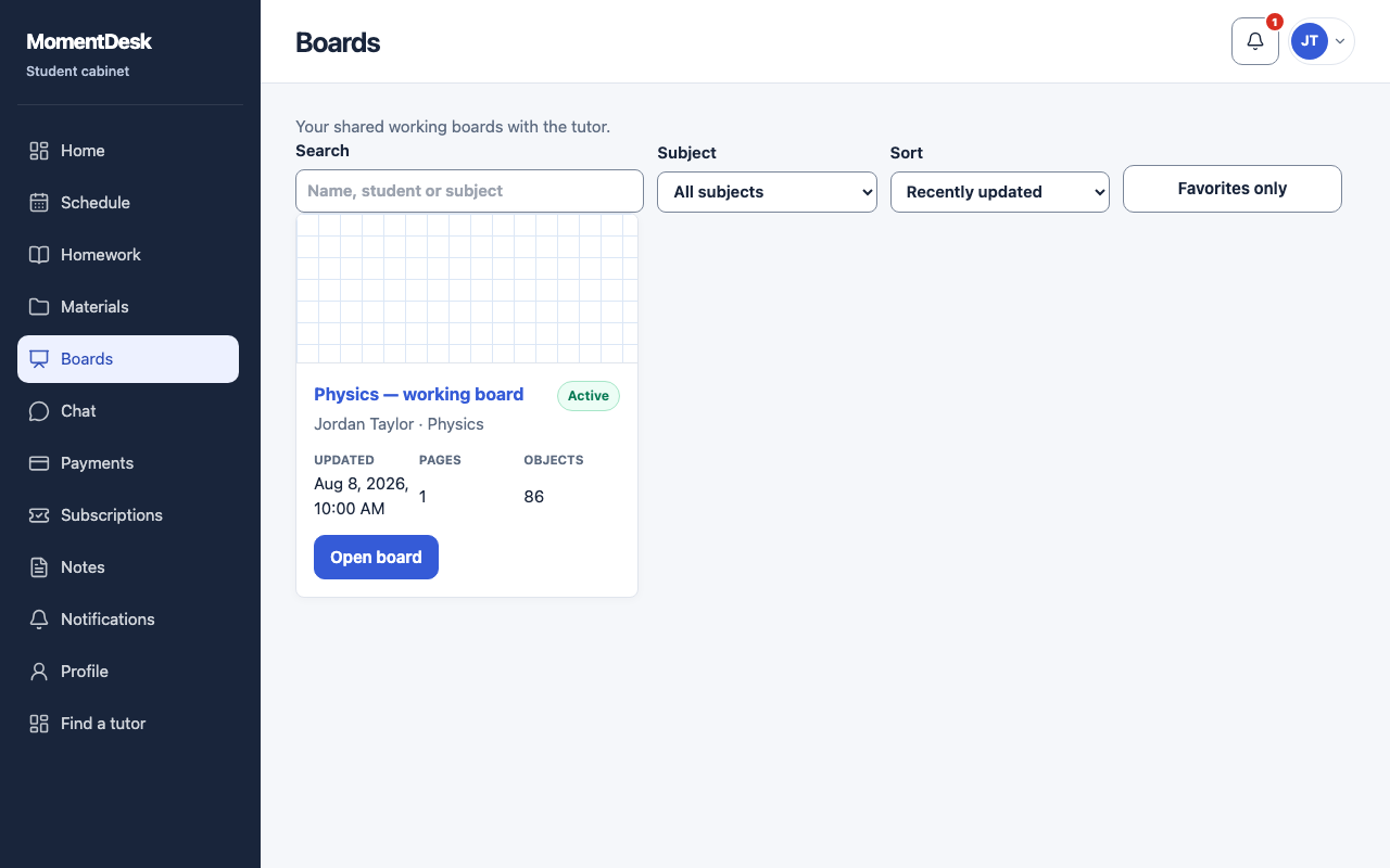 The MomentDesk Boards page for a student, listing the shared whiteboards for each subject.