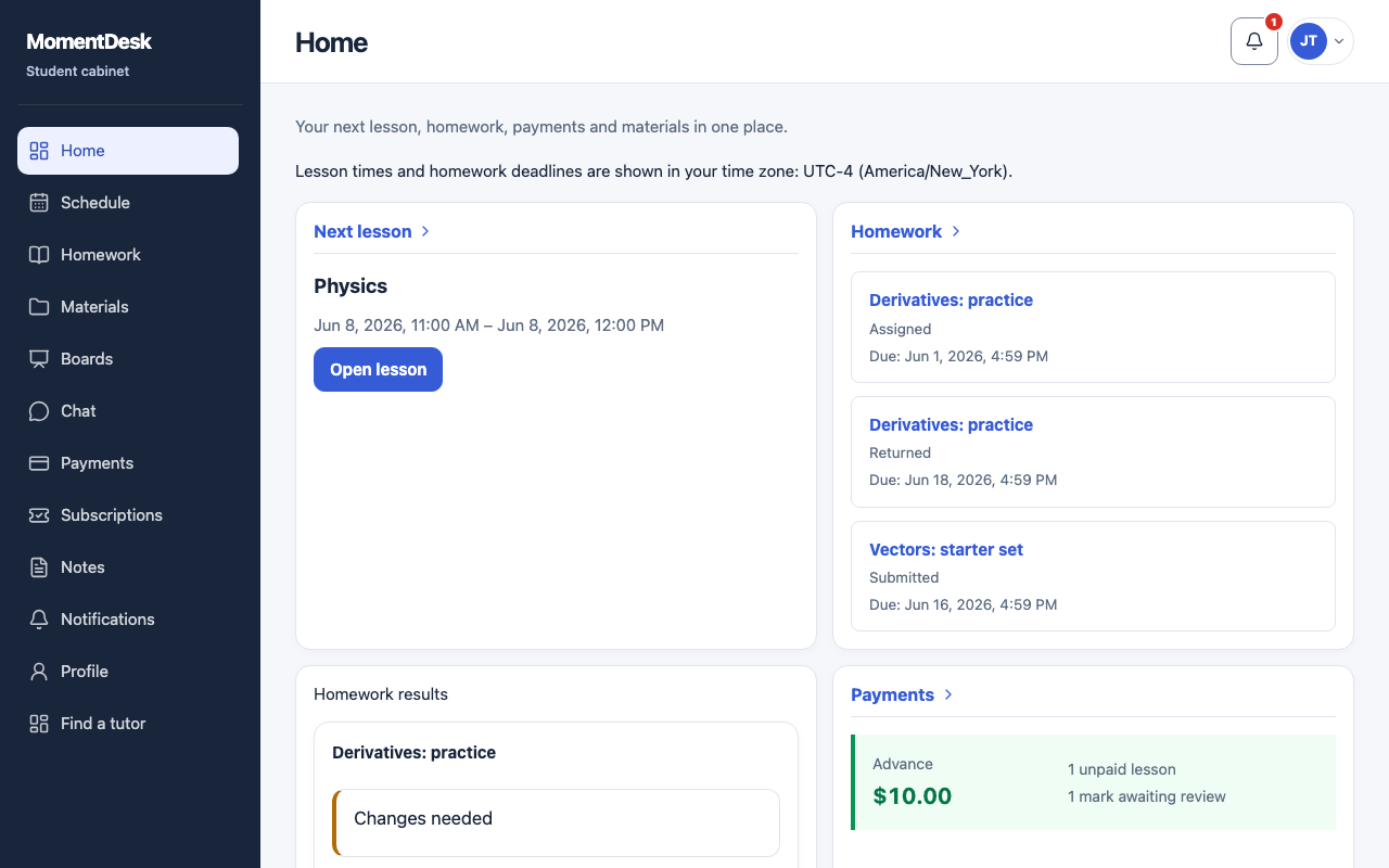 The MomentDesk student home page, with the next lesson, homework, payments and the tutor's feedback.