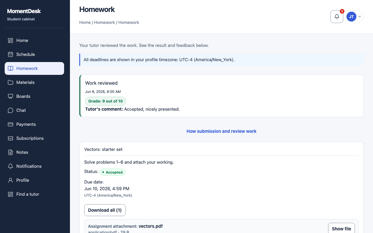 A reviewed MomentDesk assignment, with the Work reviewed block, the grade and the tutor's comment.