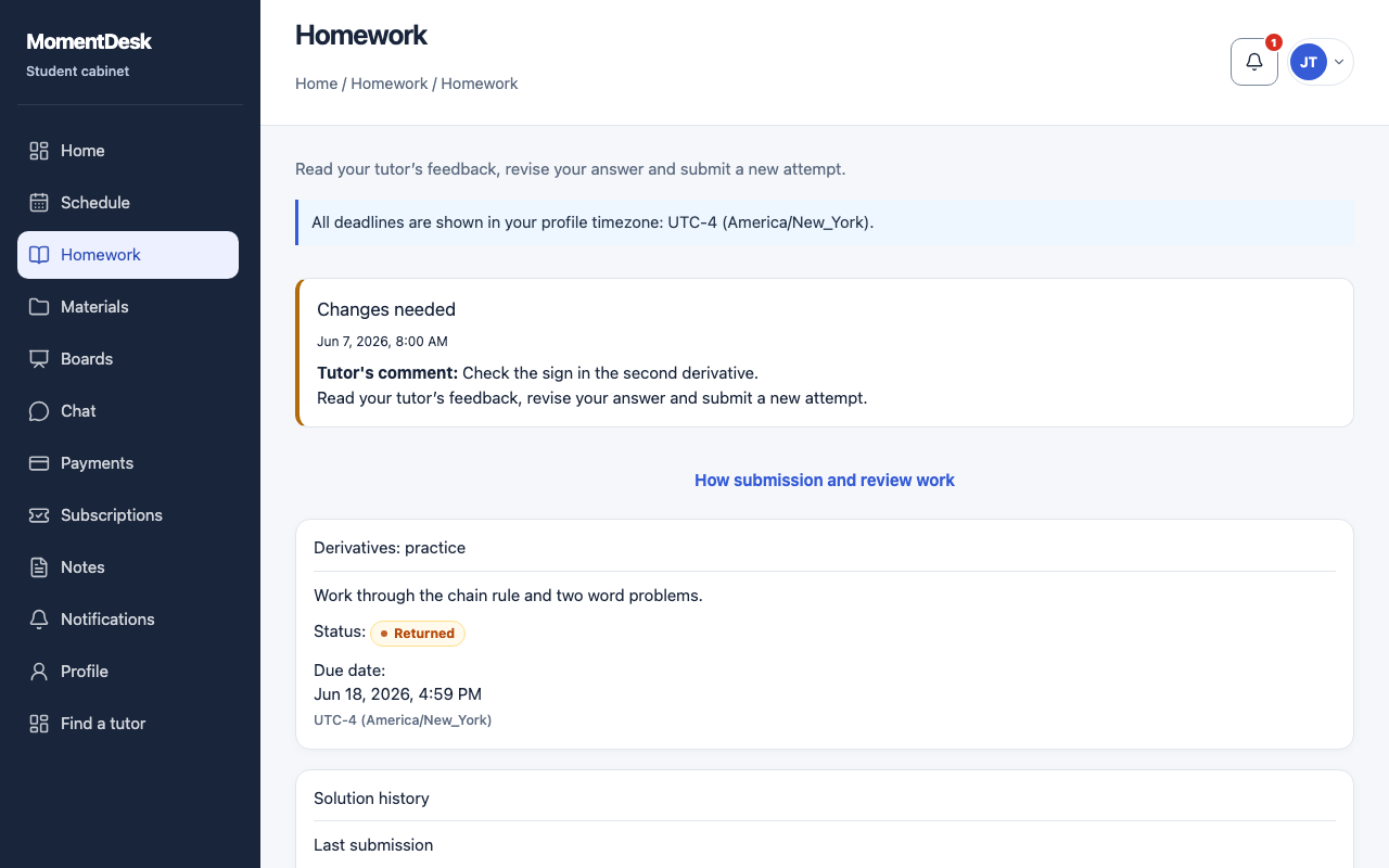 A MomentDesk assignment returned for revision, with the tutor's comment and the form for a new attempt.
