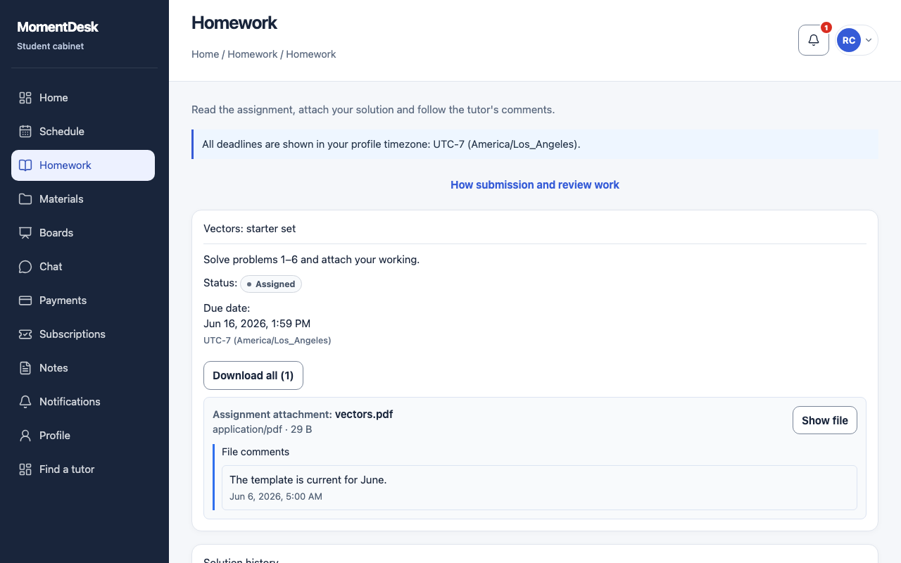 A MomentDesk assignment waiting for a first submission, with the instructions, the due date and the form for the solution text and files.