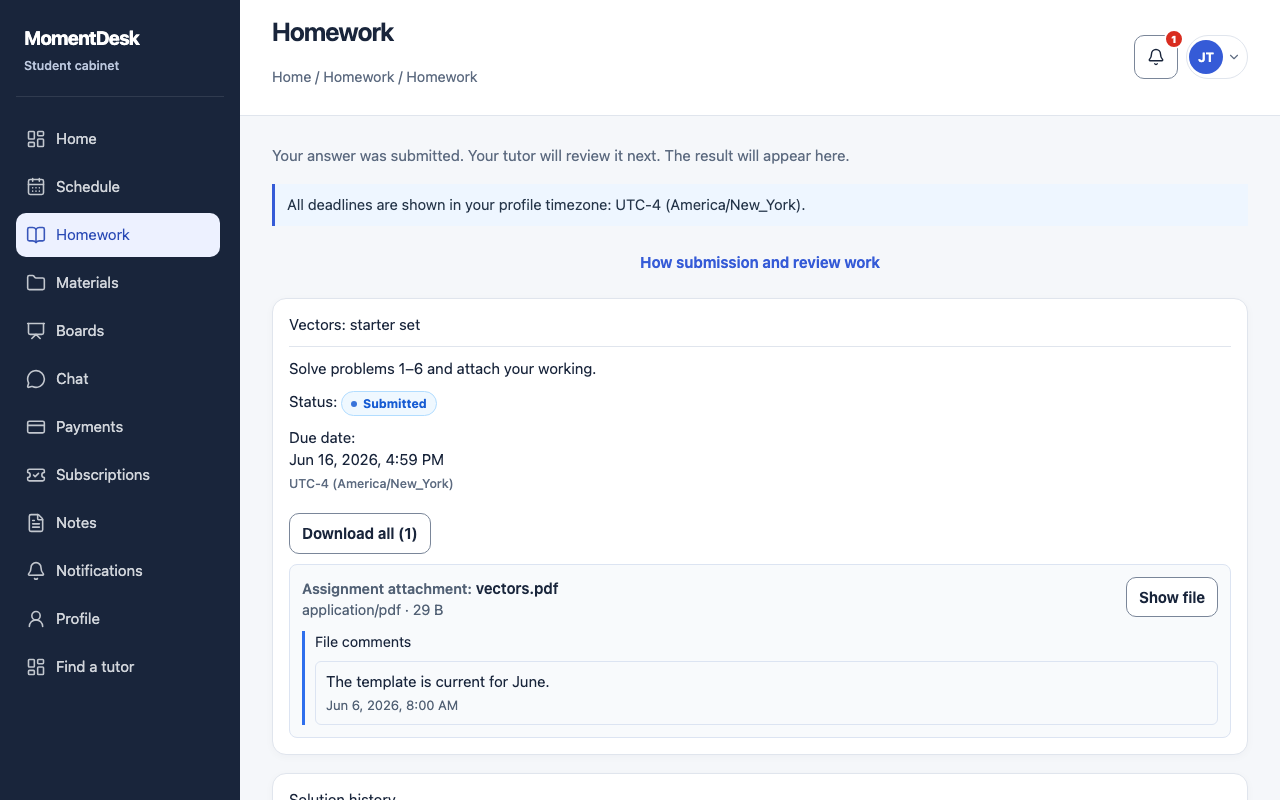 A submitted MomentDesk assignment, with the solution history and the form for adding to the solution.