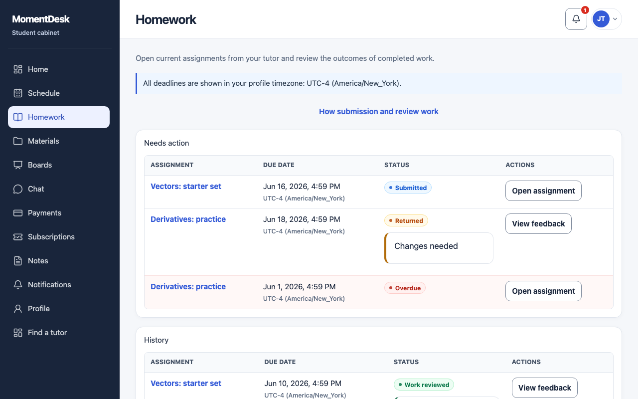 The MomentDesk Homework page for a student, with the assignments that need action and the history of earlier work.