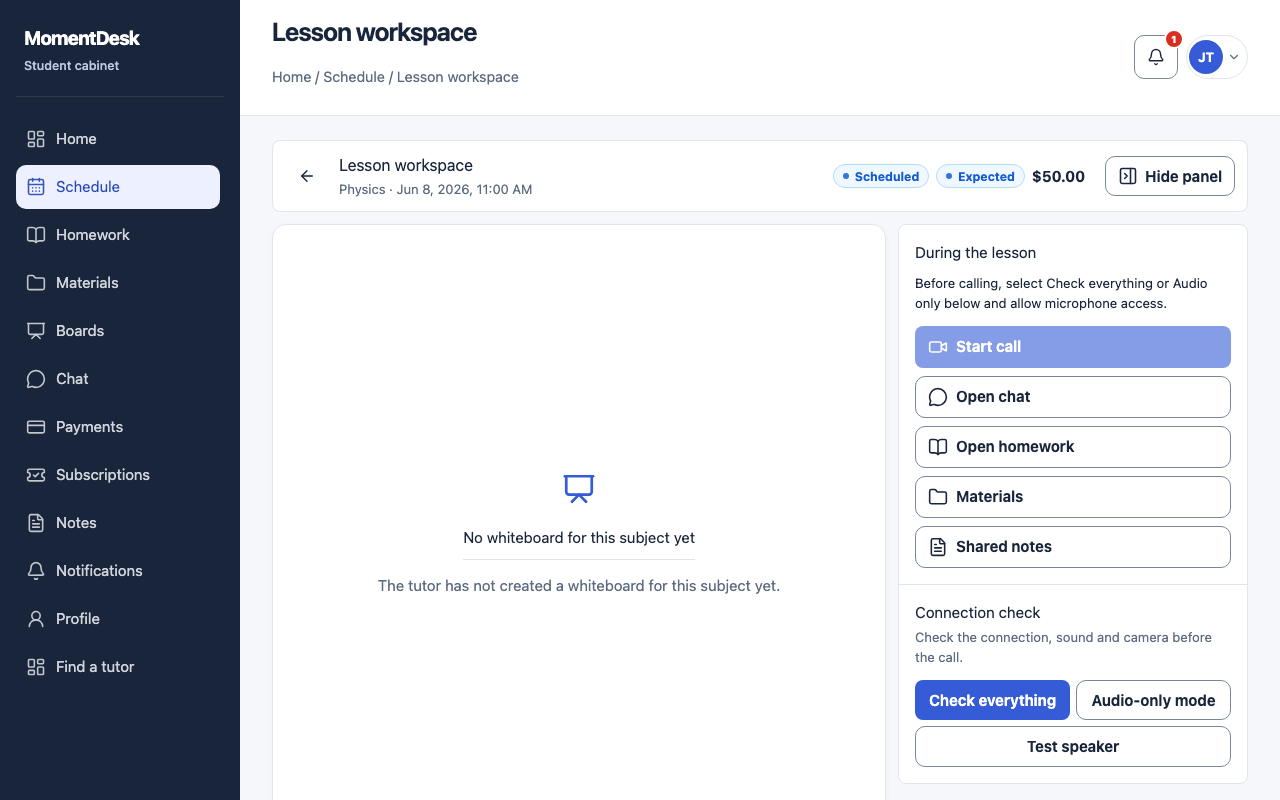 The MomentDesk lesson workspace for a student, with the lesson whiteboard and the actions available during the lesson.