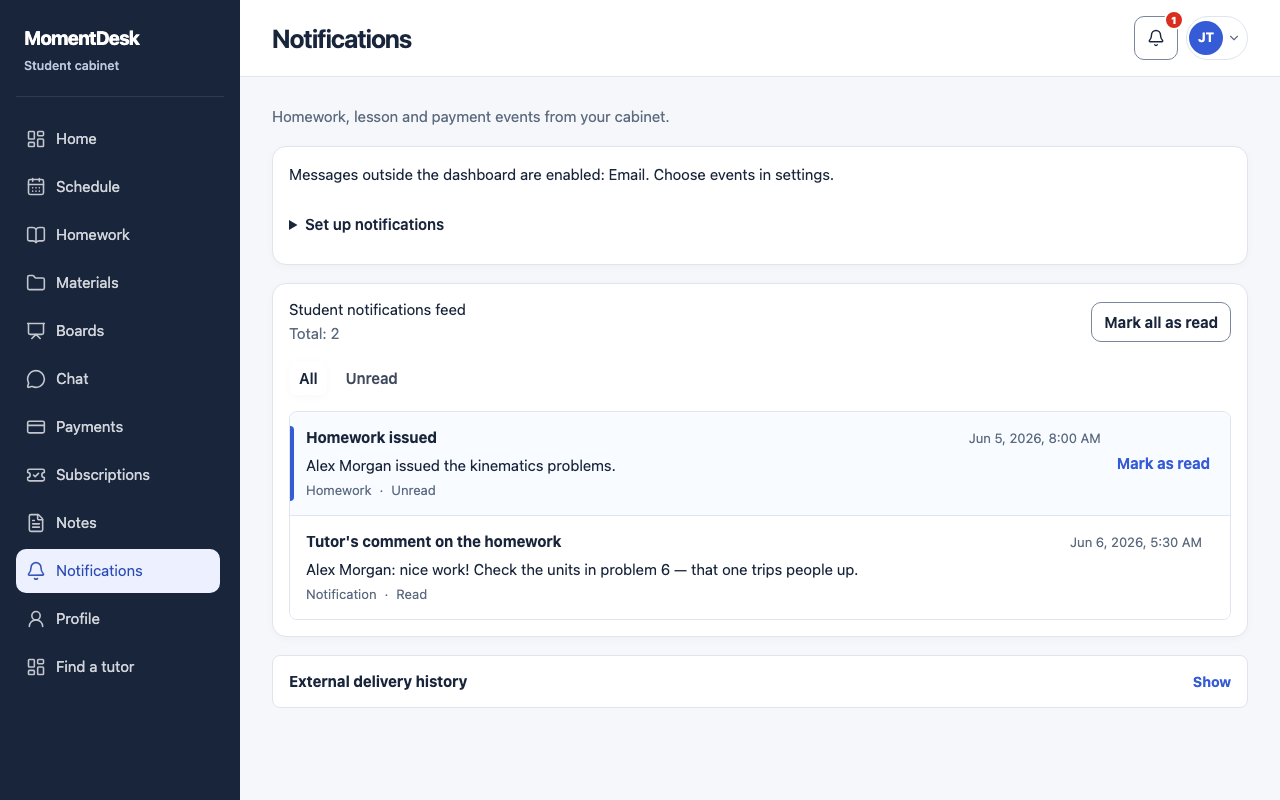 The MomentDesk notifications page for a student, with recent notifications and the option to show unread only.