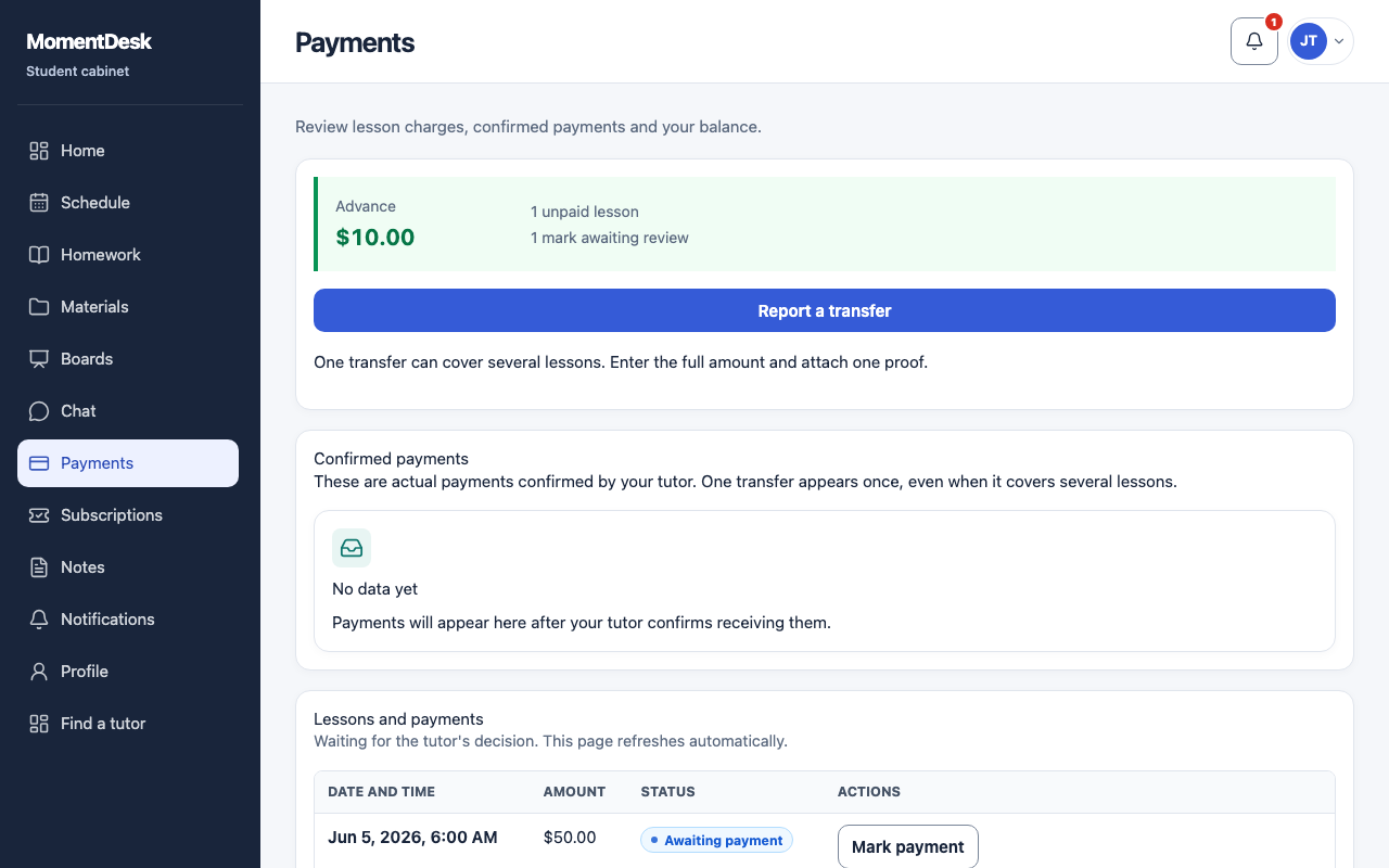 The MomentDesk Payments page for a student, with the lesson charges, the balance in USD and the button to mark a payment.