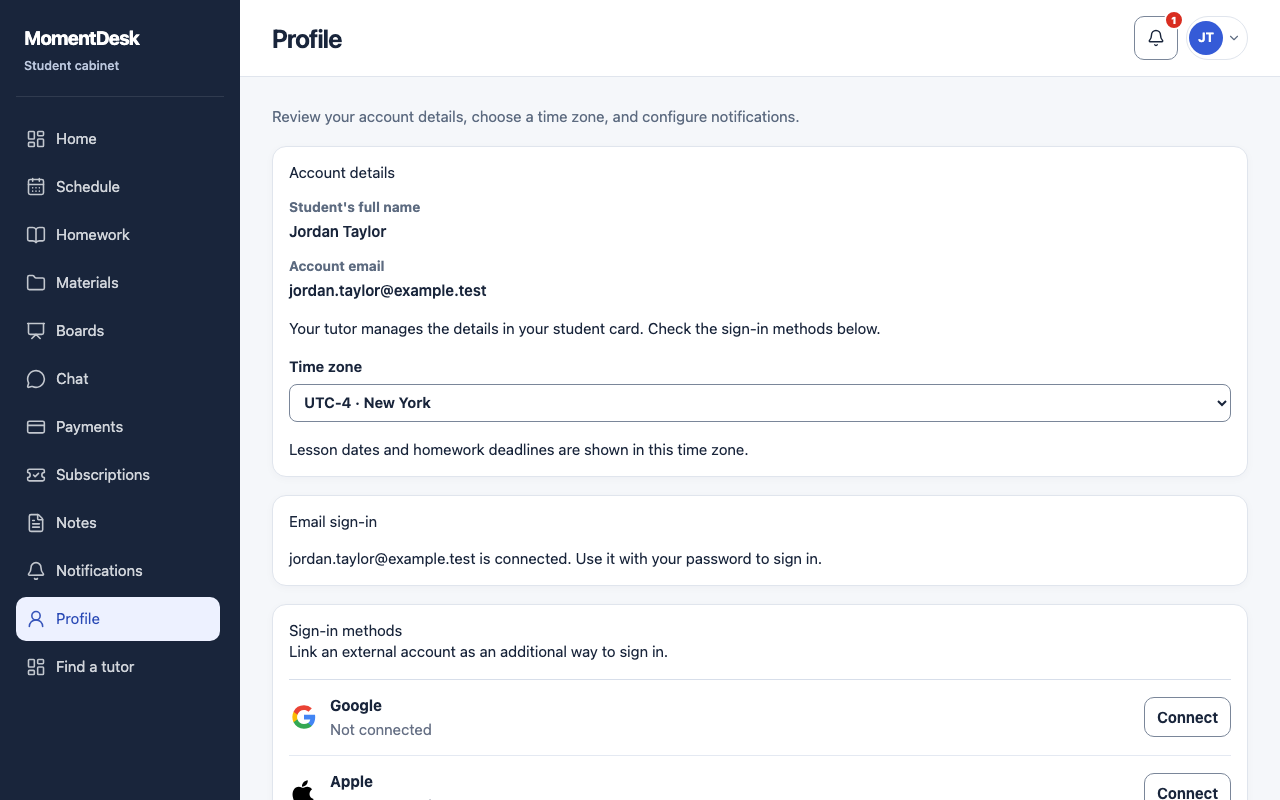 The MomentDesk student profile, with the account details, the time zone, the interface language and the sign-in methods.