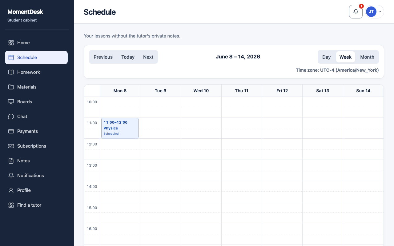 The MomentDesk schedule for a student, showing the week's lessons in the student's own time zone.