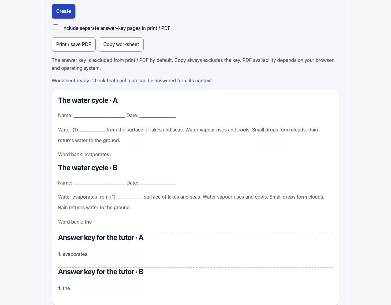 MomentDesk fill-in-the-blank worksheet output, with versions A and B and separate tutor keys.