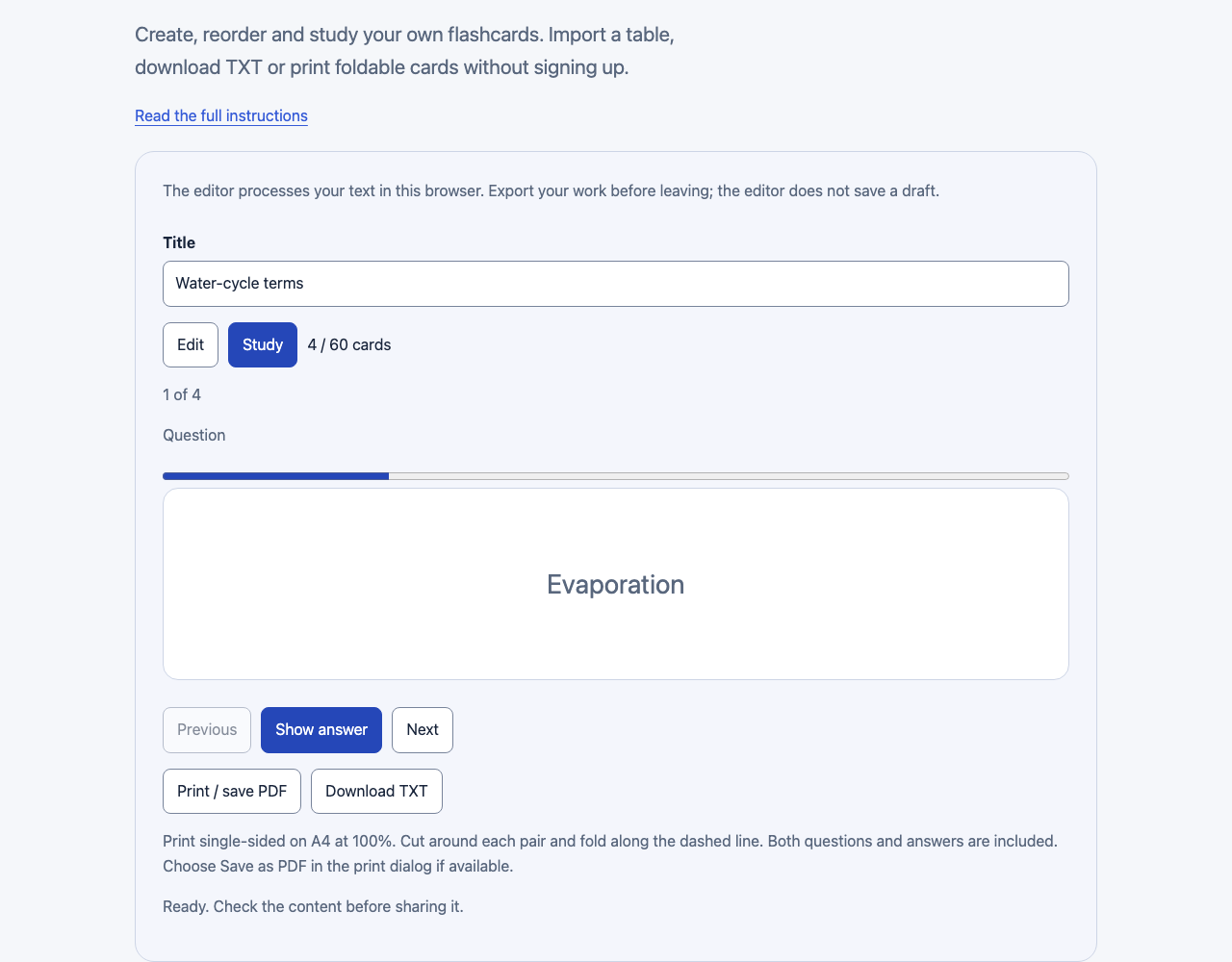 MomentDesk flashcards in Study mode with the example question, answer control and export actions.